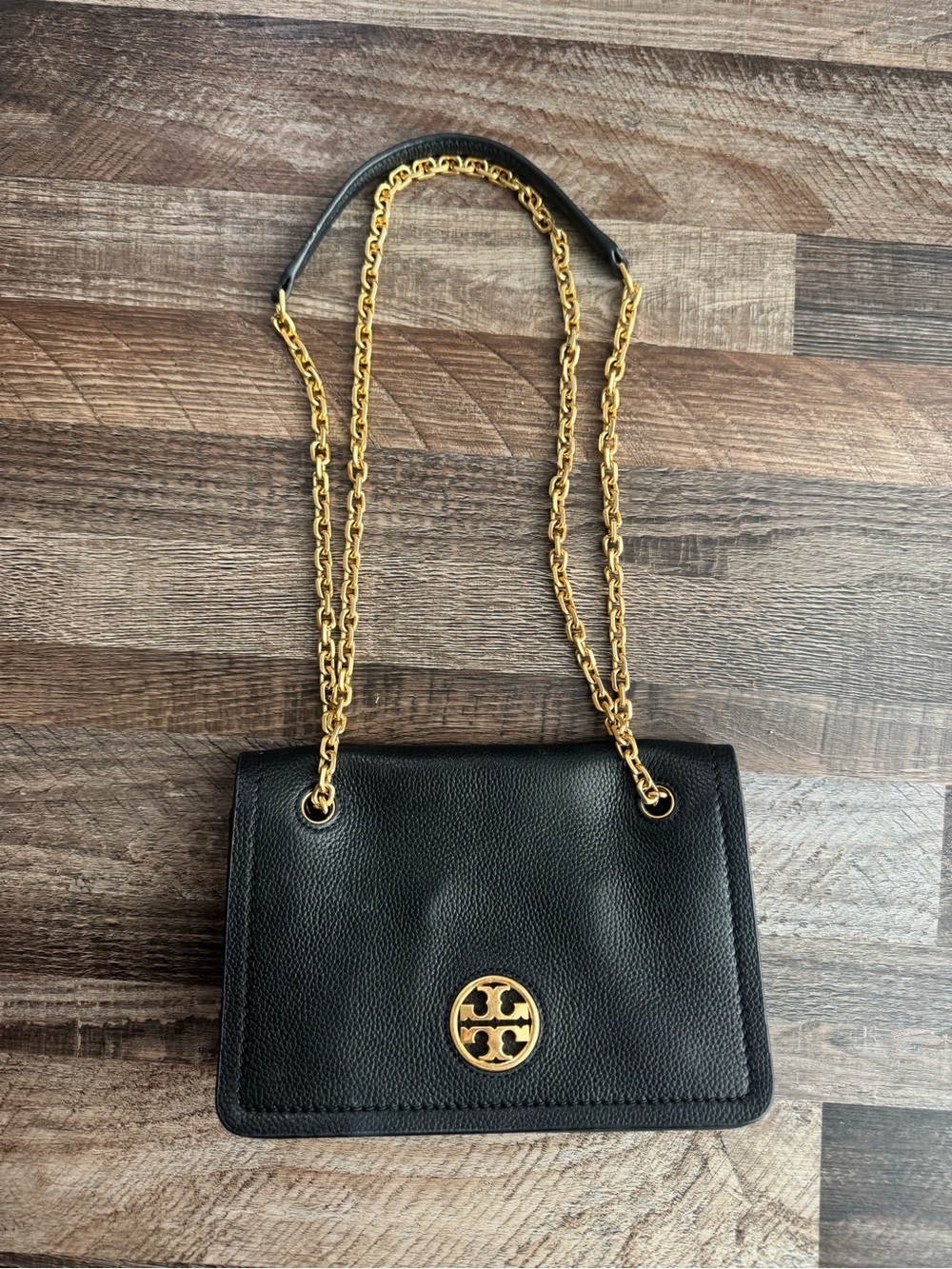 Tory Burch Black Leather Crossbody with Gold Chain
